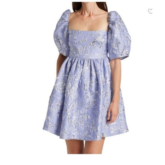Jonathan Simkhai Blue Brocade Mini Dress Size M With Puff Sleeves & Square Neckl - Picture 1 of 6